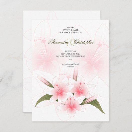 ピンクと白のユリの結婚式の日付を保存2 案内ポストカード (正面/裏面)