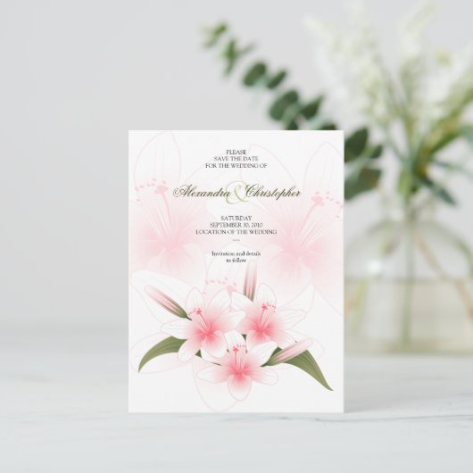 ピンクと白のユリの結婚式の日付を保存2 案内ポストカード (スタンド正面)