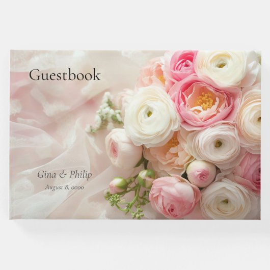 ピンクと白のラヌンキュラスの花束が閉まる ゲストブック (正面)