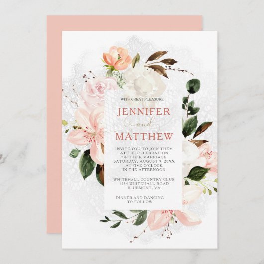 ピンクと白のリリー、バラ、ペニー、マグノリア 招待状 (正面/裏面)