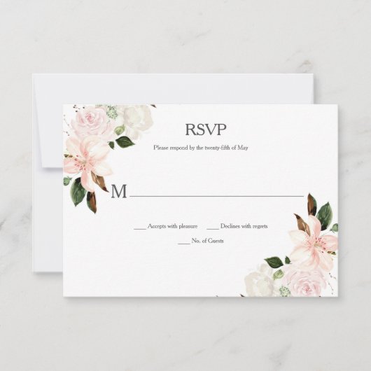 ピンクと白のリリー、マグノリア、ペニー 出欠カード (正面)