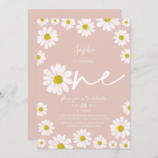 ピンクと白のレトロデイジー第1誕生日 招待状 (正面/裏面)