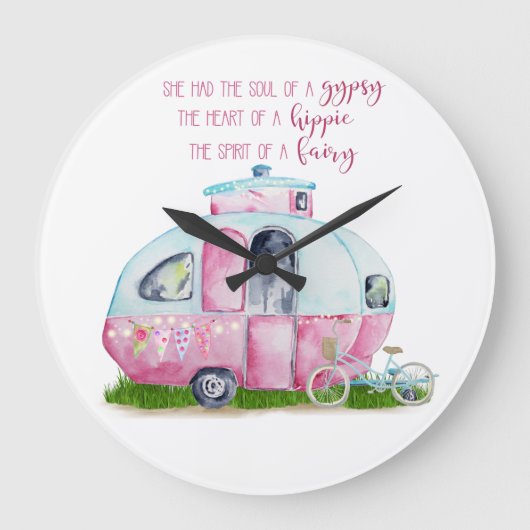 ピンクと白のレトロヴィンテージキャンパーと引用文 ラージ壁時計 (正面)