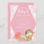 ピンクと白のレースがあしらわれたヴィンテージのベイビーシャワーブランチ招待状 招待状 (正面/裏面)