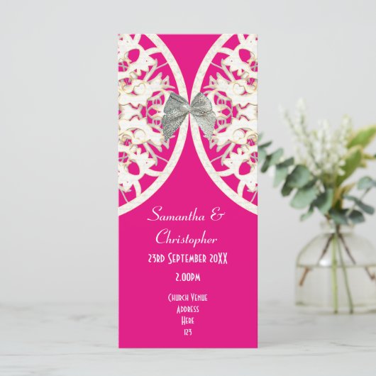 ピンクと白のレースダマスク教会の結婚式プログラム プログラム (スタンド正面)