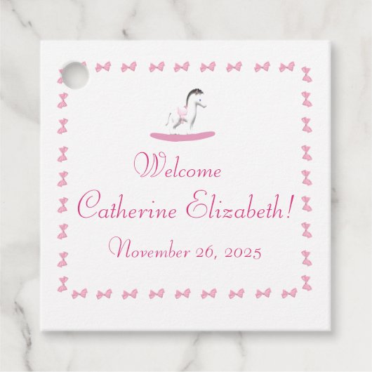 ピンクと白のロッキングホーステーマギフトラベル フェイバータグ (正面)