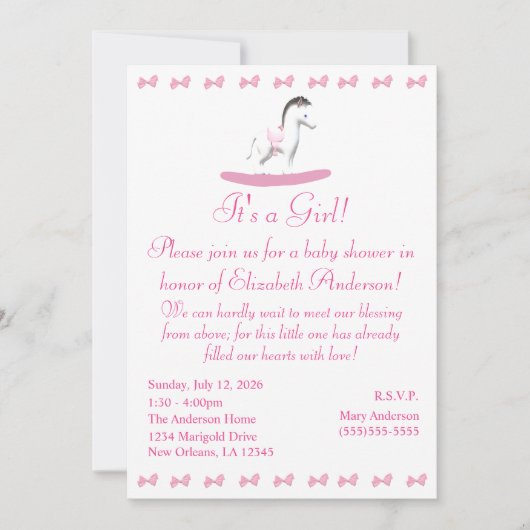 ピンクと白のロッキング馬シャワー招待状 招待状 (正面)