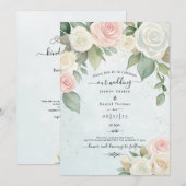 ピンクと白のローズデュスキー開花 招待状 (正面/裏面)