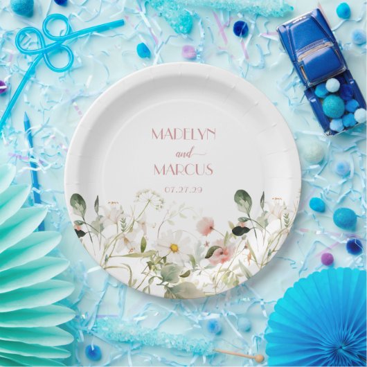 ピンクと白のワイルドフラワーウェディングレセプション ペーパープレート (パーティー)