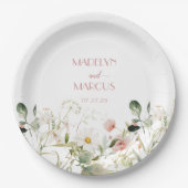 ピンクと白のワイルドフラワーウェディングレセプション ペーパープレート (正面)