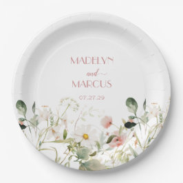 ピンクと白のワイルドフラワーウェディングレセプション ペーパープレート