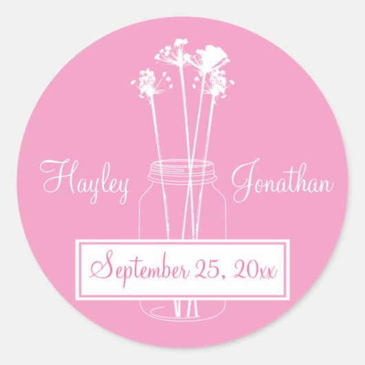 ピンクと白のワイルドフラワーズメイソンジャー日付を保存 ラウンドシール (正面)