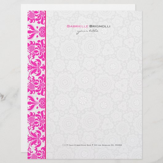 ピンクと白のヴィンテージの花と円ダマスク レターヘッド (正面/裏面)