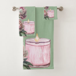 ピンクと白のヴィンテージ牡丹onセージタオルセット バスタオルセット