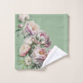 ピンクと白のヴィンテージ牡丹onセージタオルセット バスタオルセット (ウォッシュタオル)