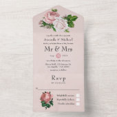 ピンクと白のヴィンテージ結婚フローラ オールインワン招待状 (内側)