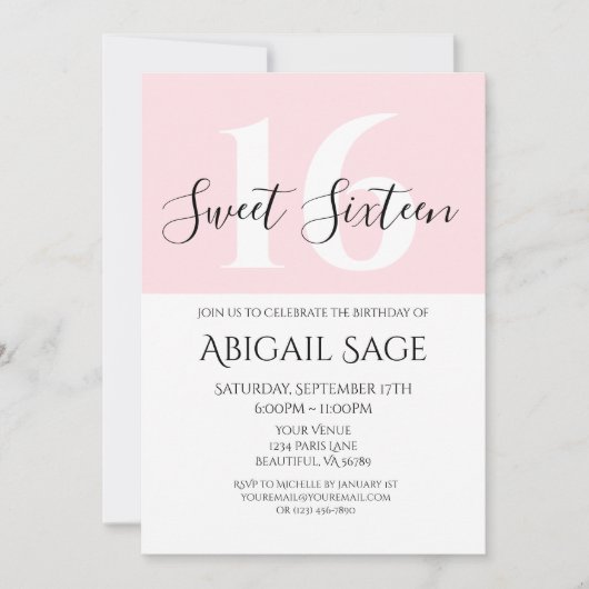 ピンクと白の写真パーソナライズされたSweet sixteen 招待状 (正面)