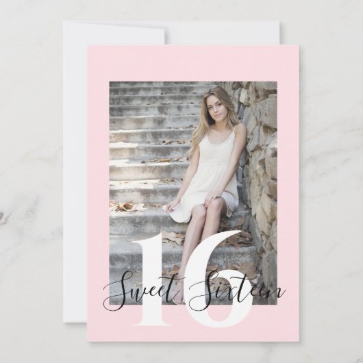 ピンクと白の写真パーソナライズされたSweet sixteen 招待状 (裏面)