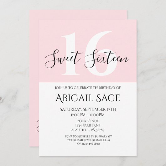 ピンクと白の写真パーソナライズされたSweet sixteen 招待状 (正面/裏面)