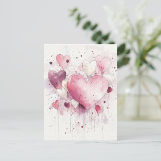 ピンクと白の切り取りハートバレンタインデー ポストカード (スタンド正面)
