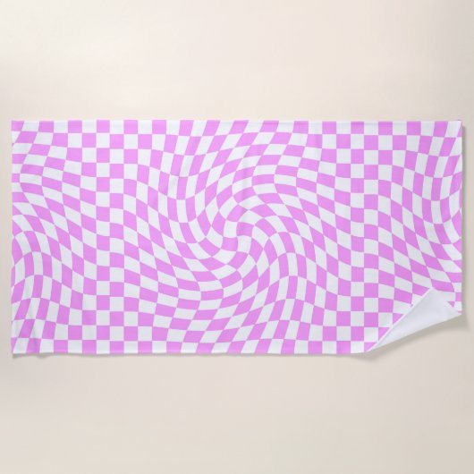 ピンクと白の反り市松模様にのパターン ビーチタオル (正面)