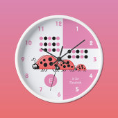 ピンクと白の子供の名前のレディバード ラージ壁時計