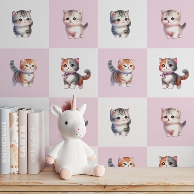 ピンクと白の子猫の4つの目的：皮とスティック 壁紙 (4 Purrfect Kittens on Pink & White: Peel and Stick Wallpaper)