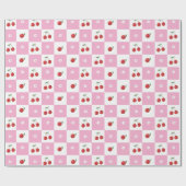 ピンクと白の市松模様にさくらんぼラッピング紙 ラッピングペーパー (フラット)