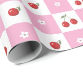 ピンクと白の市松模様にさくらんぼラッピング紙 ラッピングペーパー (ロールコーナー)