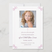 ピンクと白の弓の最初の聖なる聖餐式 招待状 (正面)