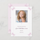 ピンクと白の弓の最初の聖餐式RSVP 出欠カード (正面/裏面)