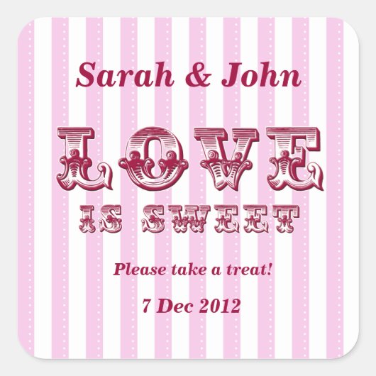 ピンクと白の愛は甘いキャンディビュッフェステッカー スクエアシール (正面)