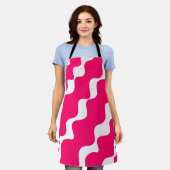 ピンクと白の斜め波パターン エプロン (着用した状態)