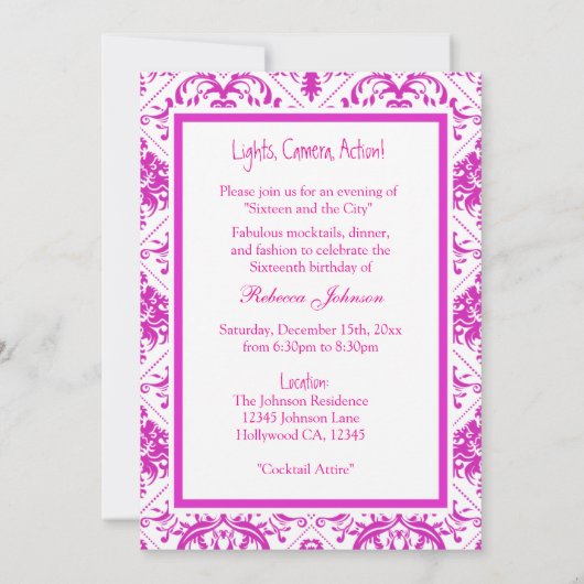 ピンクと白の映画のクラップボードスイート16招待状 招待状 (裏面)