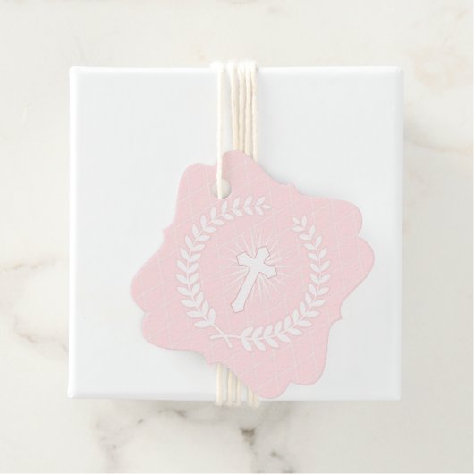 ピンクと白の月桂樹と十字架の宗教的 フェイバータグ (インサイチュ)