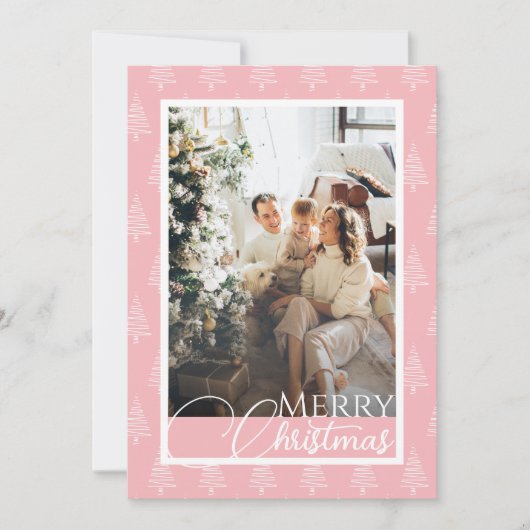 ピンクと白の木のパターン写真のクリスマス シーズンカード (正面)