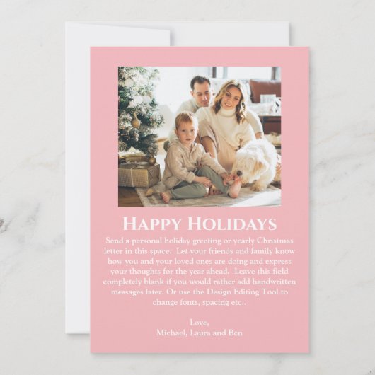 ピンクと白の木のパターン写真のクリスマス シーズンカード (裏面)