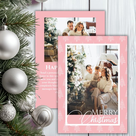 ピンクと白の木のパターン写真のクリスマス シーズンカード