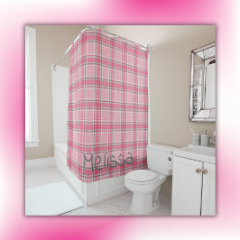 ピンクと白の格子模様の名前モノグラム | シャワーカーテン