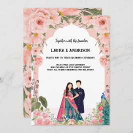 ピンクと白の水彩結婚式招待状 招待状