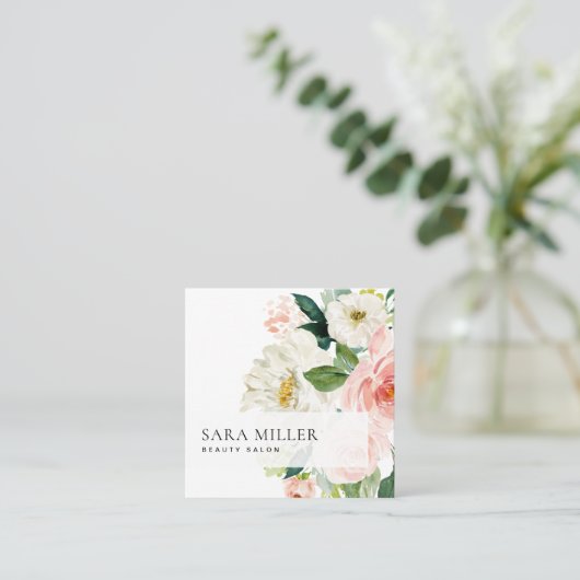 ピンクと白の水彩色のフローラブーケ スクエア名刺 (スタンド正面)