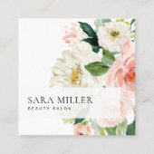 ピンクと白の水彩色のフローラブーケ スクエア名刺 (正面)