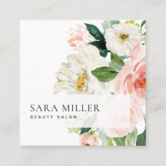 ピンクと白の水彩色のフローラブーケ スクエア名刺 (正面)