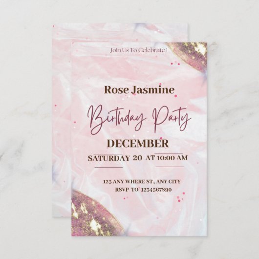 ピンクと白の水彩誕生日パーティー 招待状 (正面/裏面)