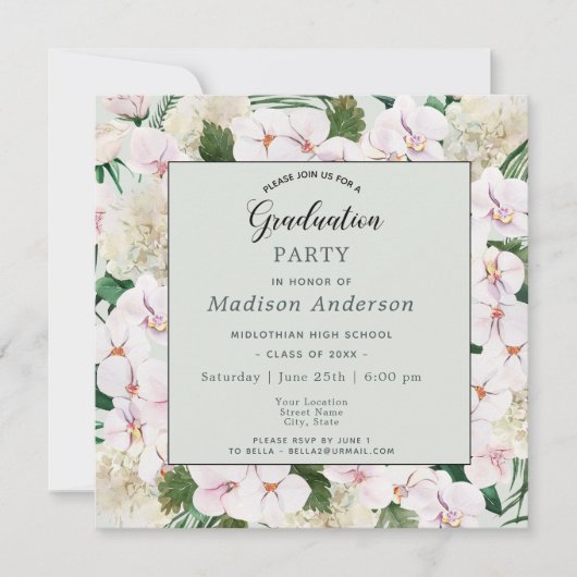 ピンクと白の水彩開花卒業パーティー 招待状 (正面)