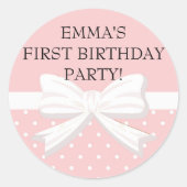 ピンクと白の水玉模様とボウ誕生日シール ラウンドシール (正面)