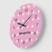 ピンクと白の水玉模様の壁時計 ラージ壁時計 (傾斜)