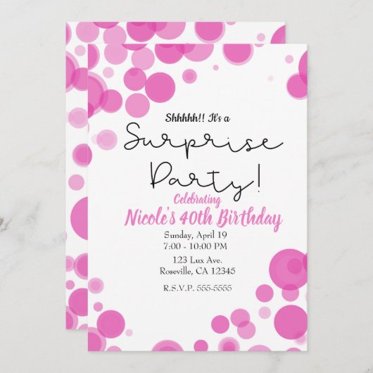 ピンクと白の水玉模様の風船サプライズパーティー 招待状 (正面/裏面)
