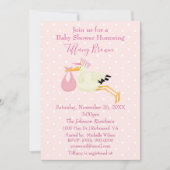 ピンクと白の水玉模様コウノトリ赤ちゃんシャワー 招待状 (正面)