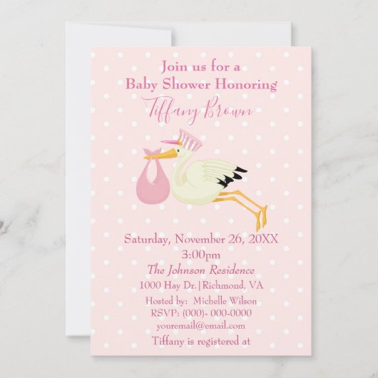 ピンクと白の水玉模様コウノトリ赤ちゃんシャワー 招待状 (正面)